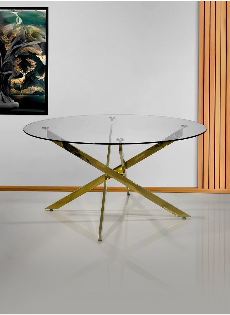 VANITY LIVING VANITY LIVING Modern Round Dining Table, Clear Tempered Glass Top, Breakfast Kitchen Table, Davos Gold Dinner Table with Sturdy Stainless Steel Frame  - Image 1
