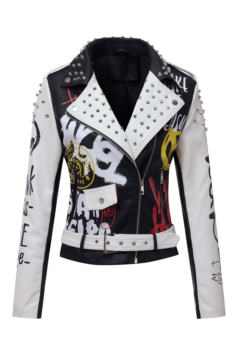 RISISSIDA Studded Leather Jacket Women Moto Motorcycle Faux Leather Short Coat Black-white 0477 X-L - Image 1