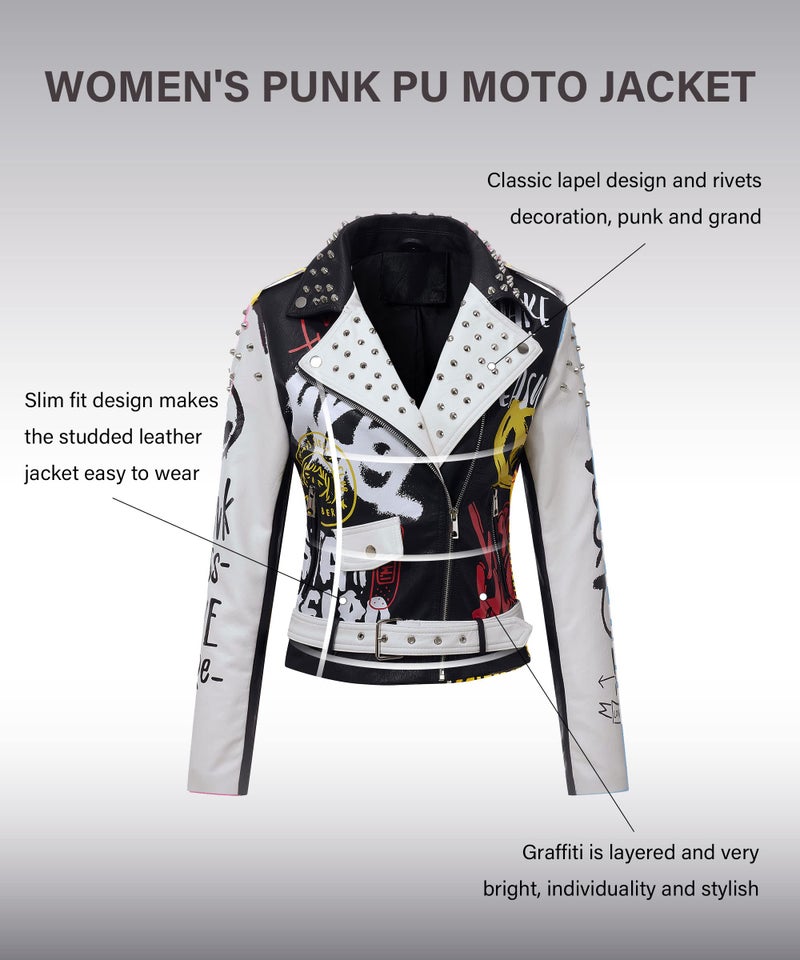RISISSIDA Studded Leather Jacket Women Moto Motorcycle Faux Leather Short Coat Black-white 0477 X-L - Image 5