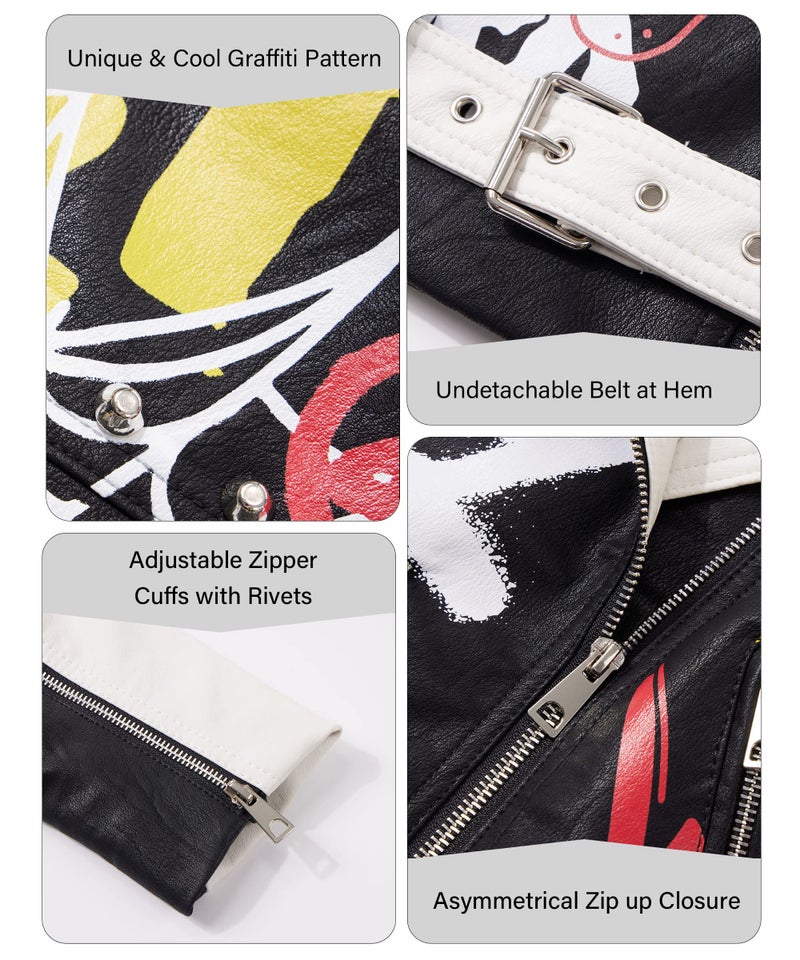 RISISSIDA Studded Leather Jacket Women Moto Motorcycle Faux Leather Short Coat Black-white 0477 X-L - Image 4