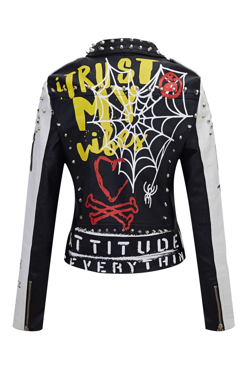RISISSIDA Studded Leather Jacket Women Moto Motorcycle Faux Leather Short Coat Black-white 0477 X-L - Image 3