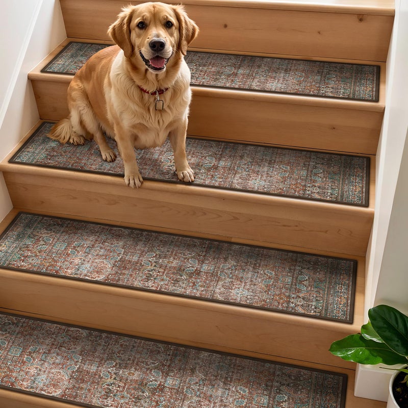 sarben Non Slip Stair Treads for Wooden Steps 15PCS - 8"x30" Indoor Safety Carpet, Edging Mats with TPE Adhesive Backing, Pet and Elderly Friendly Stair Rugs (Light Clay Brown) - Image 1