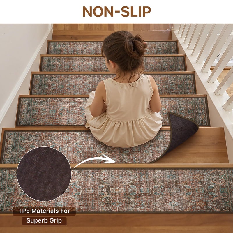 sarben Non Slip Stair Treads for Wooden Steps 15PCS - 8"x30" Indoor Safety Carpet, Edging Mats with TPE Adhesive Backing, Pet and Elderly Friendly Stair Rugs (Light Clay Brown) - Image 4