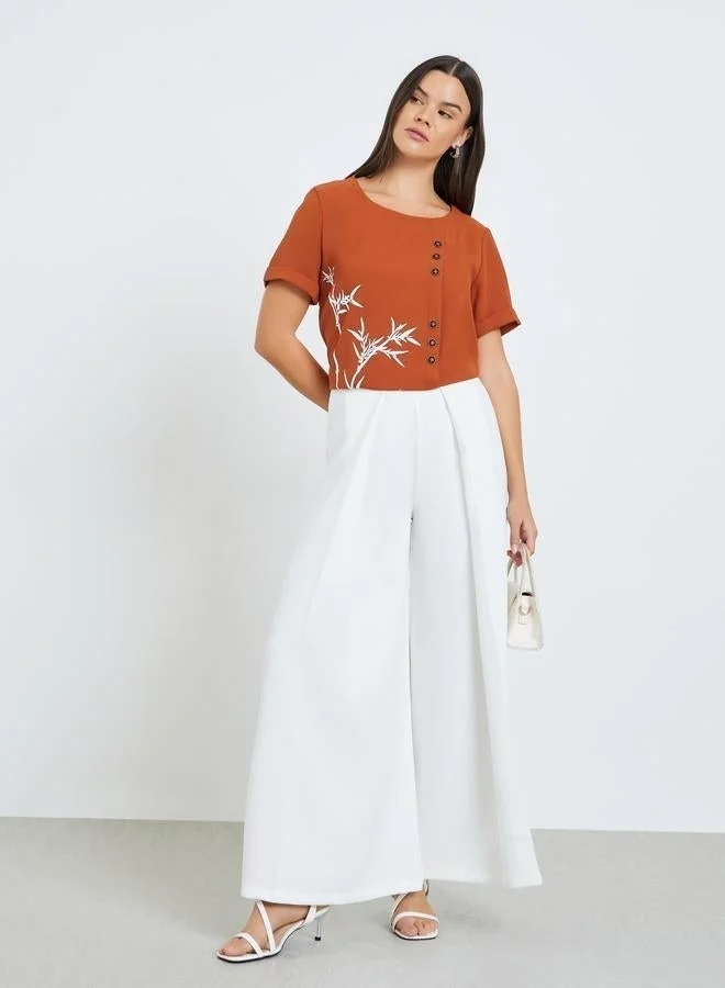 Take Two Women Rust Button-Detail Top with Bamboo Print