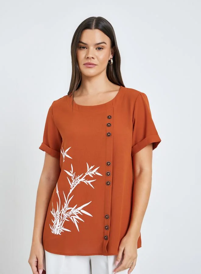 Take Two Women Rust Button-Detail Top with Bamboo Print