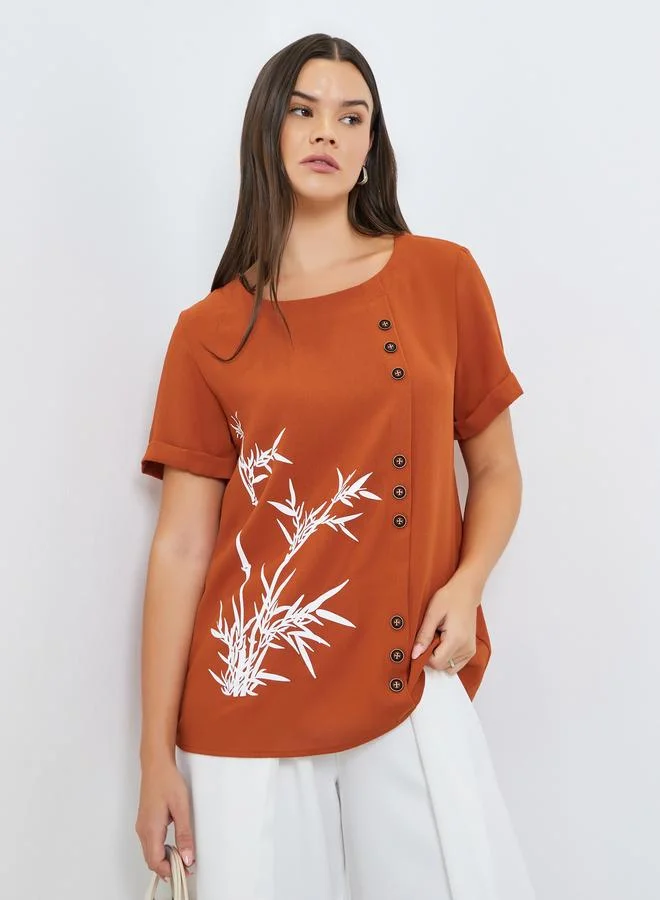 Take Two Women Rust Button-Detail Top with Bamboo Print