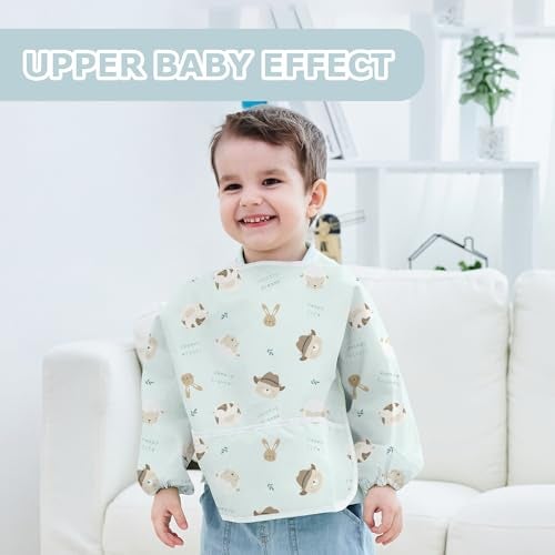 Little Dimsum مريلة تغذية بأكمام كاملة من ليتل ديمسوم 2 عبوة، مريلة مائية للأطفال والرضع، مريلة حماية الطعام بجيب كبير 6-36 شهر (قبعة دب وبومة) - Image 2