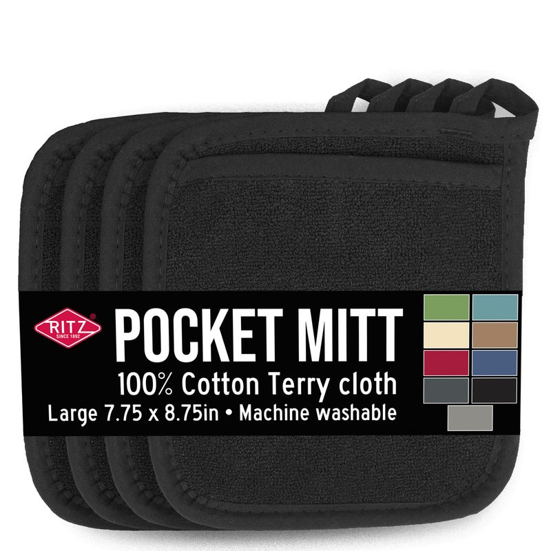 Ritz Terry Pocket Mitt & Hot Pad: Unparalleled Heat Resistant  Durable 100% Cotton - Ergonomically Designed for Optimal Grip - Easy-Care Machine Washable  Perfect for Your Kitchen - Black  4-Pk - Image 1