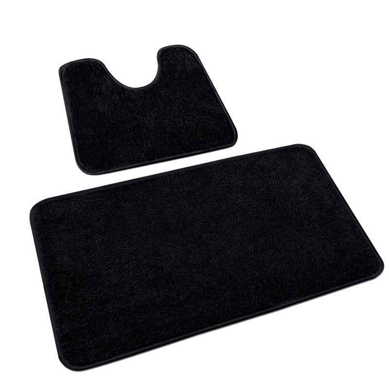 Rururug 2Piece Bathroom Rug Set Soft Microfibre Bathroom Mat and Toilet Rug with CutOut NonSlip Bath Mat Washable Black 50 x 80 cm  50 x 40 cm