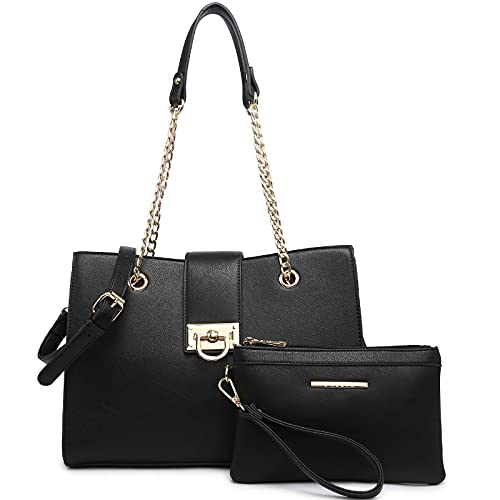 Dasein Women Fashion Tote and Hobo Handbag - Shoulder, Top Handle, Chain Bag - Matching Clutch Included (Black) - Image 1