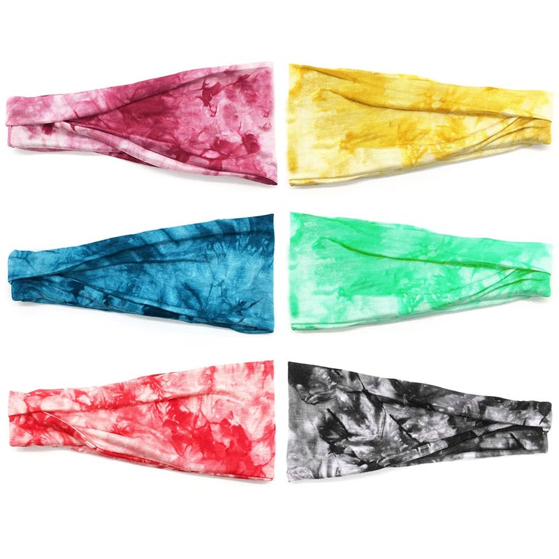 YONUF Boho Headbands For Women Fashion Wide Headband Yoga Workout Head Bands Hair Accessories Elastic Tie Dye Band 6 Pack - Image 2