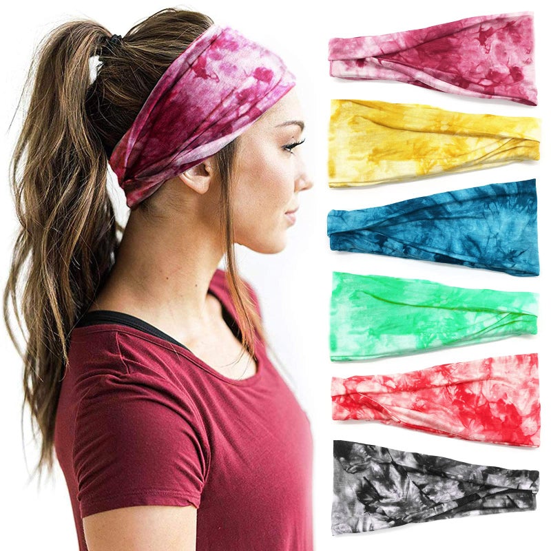 YONUF Boho Headbands For Women Fashion Wide Headband Yoga Workout Head Bands Hair Accessories Elastic Tie Dye Band 6 Pack - Image 1