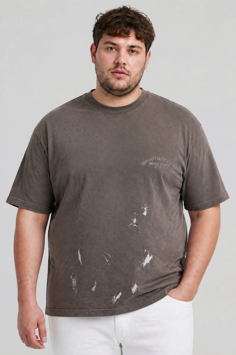 GOOD FOR NOTHING Men Crew Neck Embroidered Logo Short Sleeve T-Shirt, Taupe - Image 1