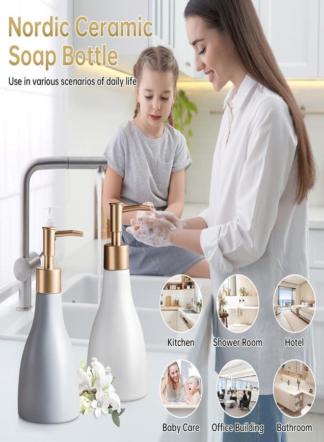 CHANGARLOAD Refillable Gold Dispenser for Bathroom Countertop, Modern Dish Soap Dispenser Bottle for Kitchen, Ceramic Hand Soap Dispenser with Gold Pump for Liquid Laundry Shower 280ml (Gray) - Image 2