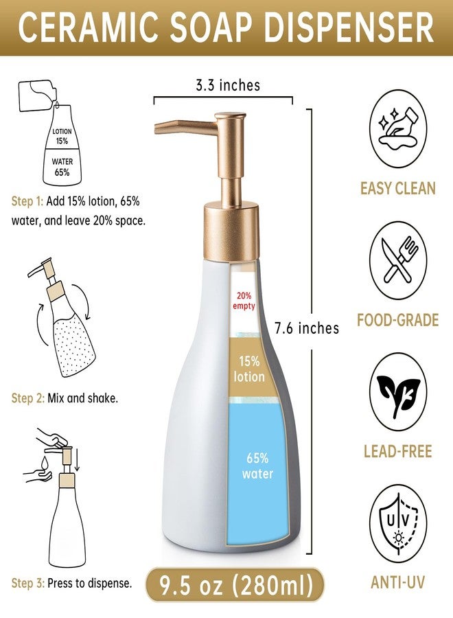 CHANGARLOAD Refillable Gold Dispenser for Bathroom Countertop, Modern Dish Soap Dispenser Bottle for Kitchen, Ceramic Hand Soap Dispenser with Gold Pump for Liquid Laundry Shower 280ml (Gray) - Image 4