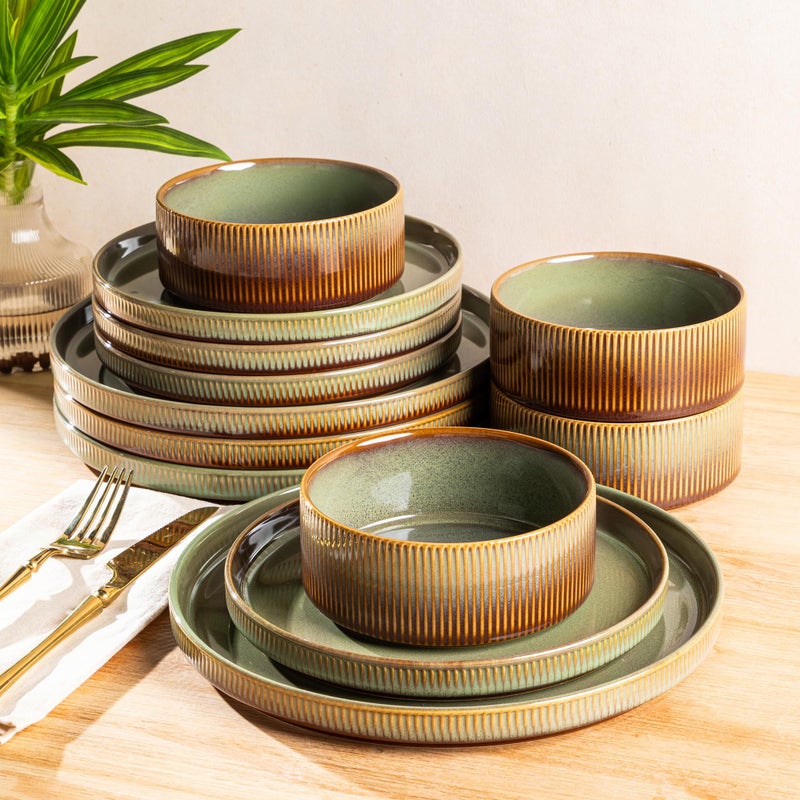 TheTerra Ceramic Dinnerware Sets for 4, 12 Pieces Porcelain Lightweight Plates and Bowls Sets, Scratch Resistant Dish Set, Oven & Microwave & Dishwasher Safe, Sage Umber - Image 1
