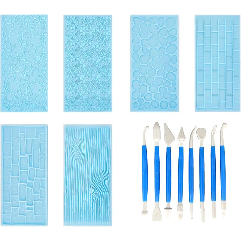 Delphinus Fondant Impression Mat Mold Set 6Pack Embossed Tree Bark Brick Wall Flower Cobblestone Stone Wall Texture for Cupcake Top Decoration with 8pcs Fondant Sculpture Pen