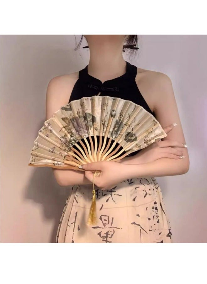 Generic Portable Hand-cranked Bamboo Fan Ink Silk Cloth Folding Fan Wall Hanging Decoration Wedding Party Girl Gift  - Image 2