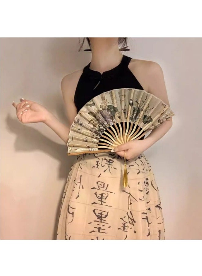 Generic Portable Hand-cranked Bamboo Fan Ink Silk Cloth Folding Fan Wall Hanging Decoration Wedding Party Girl Gift  - Image 3