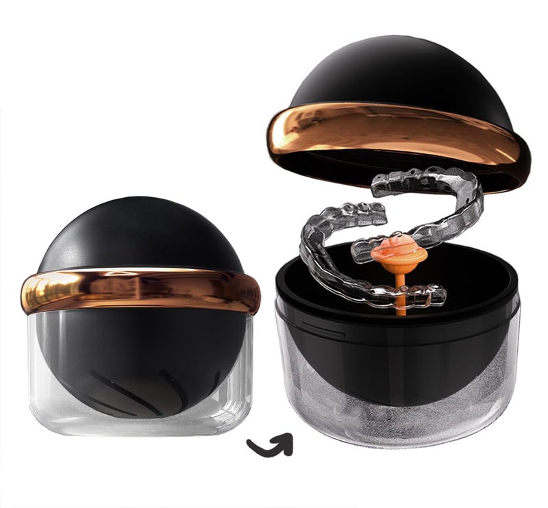 AARAINBOW Large Denture Case with Strainer Basket, Clear Retainer Cleaner and Storage Box for Travel, Mouth Guard Cleaning Case, Braces Holder Cup (Black) - Image 1