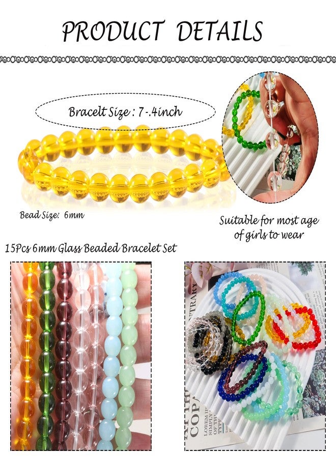 PIPITREE 15Pcs 6mm Beaded Stretch Bracelet Handmade Glass Bracelet for Women, Multicolor Crystal Round Beads Bracelet Elastic Bead Bracelets Pack Jewelry - Image 2