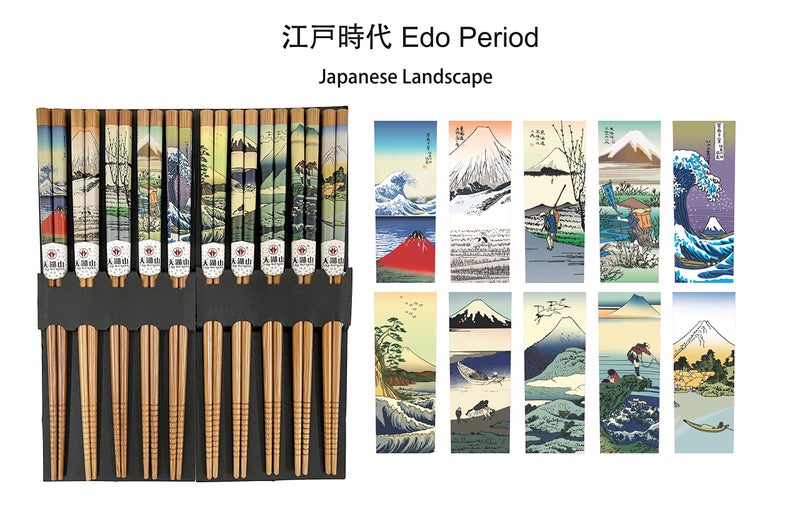 LANHUTHS 10 Pairs Reusable Bamboo Chopsticks, Edo period Landscape Pattern Natural Bamboo Wood Chopsticks, 8.8Inch/22.5cm Polybag packing by LANHUTHS - Image 3