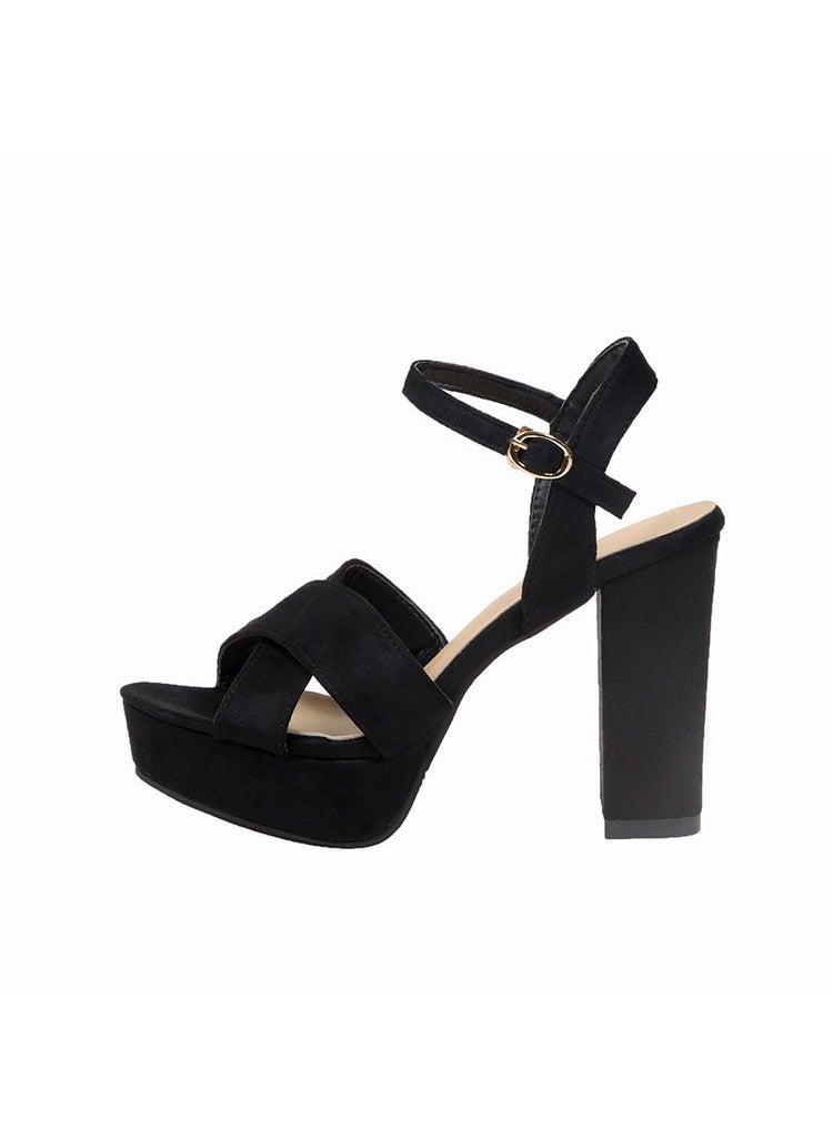 Generic - Plus Size High Heel Sandals Womens New Style Rough Track Fish Mouth One-Row Buckle Sandals 35-42 Code Wholesale Foreign Trade Black - Image 1
