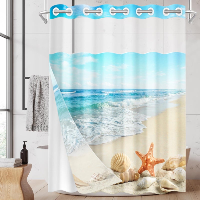 Nesphy No Hook Beach Starfish Shower Curtain with Snap in Fabric Liner Set, Seashell Sea Shell Summer Double Layers Waterproof Fabric with See Through Top Window Open Grommet Bath Curtain 71x74 Inch - Image 1