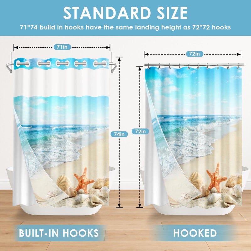 Nesphy No Hook Beach Starfish Shower Curtain with Snap in Fabric Liner Set, Seashell Sea Shell Summer Double Layers Waterproof Fabric with See Through Top Window Open Grommet Bath Curtain 71x74 Inch - Image 2