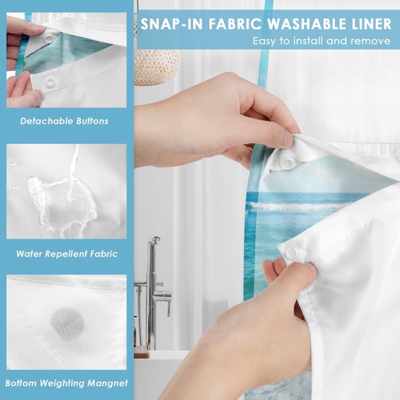 Nesphy No Hook Beach Starfish Shower Curtain with Snap in Fabric Liner Set, Seashell Sea Shell Summer Double Layers Waterproof Fabric with See Through Top Window Open Grommet Bath Curtain 71x74 Inch - Image 4