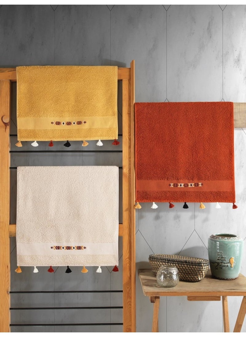 COTTON BOX - Embroidered Fit Towel Set 3 Pieces 50X90 Coral-Mustard-Beige - Image 1