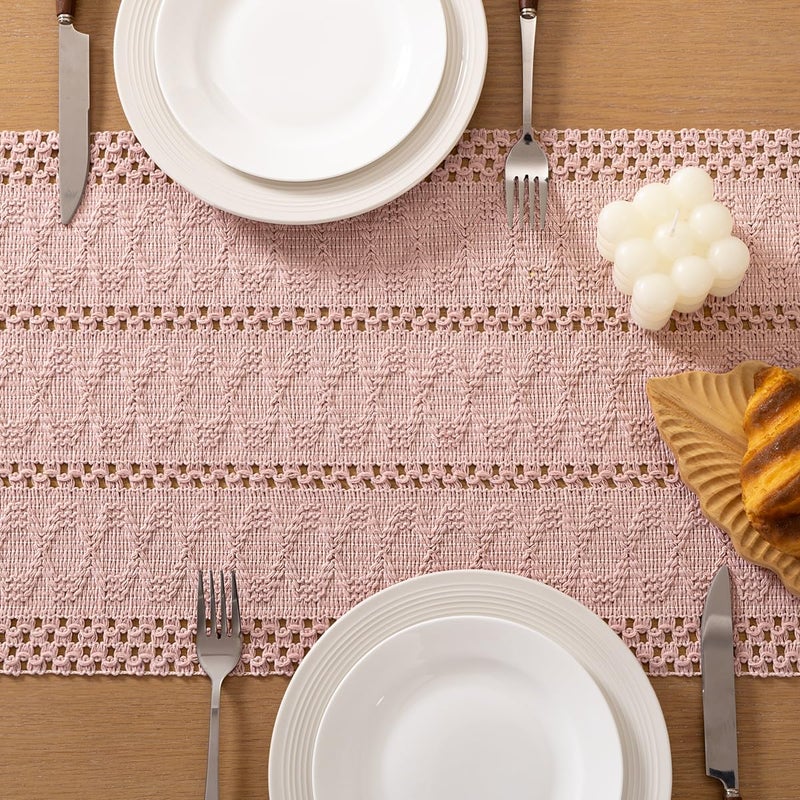 Socomi Boho Table Runner Valentine's Day Farmhouse Rustic Dining Kitchen Centerpiece Decor Small Macrame Woven Cotton Linen Coffee Table Runner for Dresser Scarf Home Decor 12x72 in Pink - Image 5