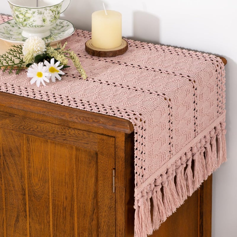Socomi Boho Table Runner Valentine's Day Farmhouse Rustic Dining Kitchen Centerpiece Decor Small Macrame Woven Cotton Linen Coffee Table Runner for Dresser Scarf Home Decor 12x72 in Pink - Image 2