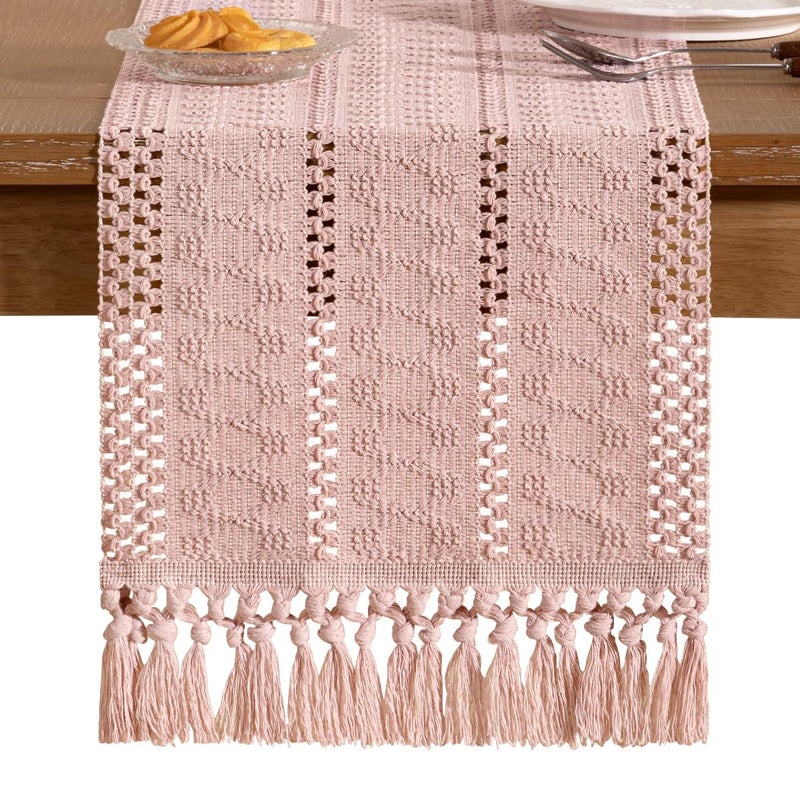 Socomi Boho Table Runner Valentine's Day Farmhouse Rustic Dining Kitchen Centerpiece Decor Small Macrame Woven Cotton Linen Coffee Table Runner for Dresser Scarf Home Decor 12x72 in Pink - Image 3