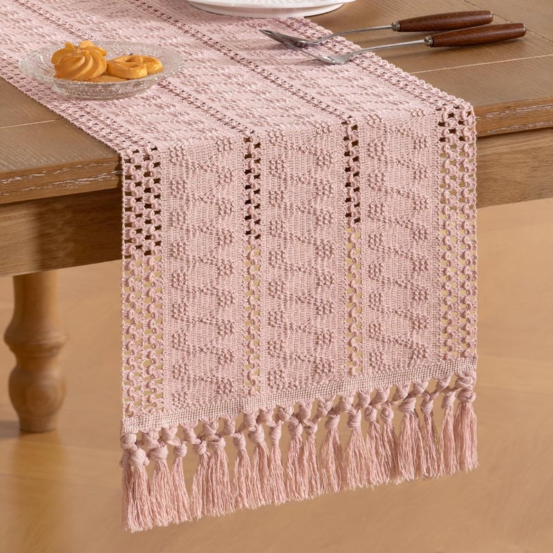 Socomi Boho Table Runner Valentine's Day Farmhouse Rustic Dining Kitchen Centerpiece Decor Small Macrame Woven Cotton Linen Coffee Table Runner for Dresser Scarf Home Decor 12x72 in Pink - Image 4