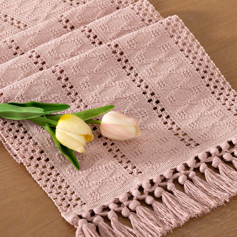 Socomi Boho Table Runner Valentine's Day Farmhouse Rustic Dining Kitchen Centerpiece Decor Small Macrame Woven Cotton Linen Coffee Table Runner for Dresser Scarf Home Decor 12x72 in Pink - Image 1
