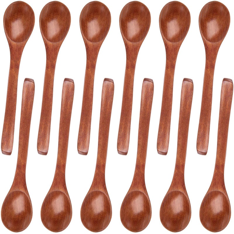 HansGo ملعقة خشبية صغيرة 12 قطعة 5 بوصات ملعقة عسل للشاي والقهوة والمربى والحمام والسكر والملح والتوابل باللون البني الداكن