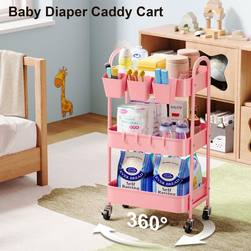 Recximi 3 Tier Metal Rolling Cart with Lockable Wheels and Handle, Three Tiered Pink Trolley Cart on Wheels, Utility Storage Organizer for Bathroom, Kitchen, Teachers, Art, Crafts, Baby Diaper, Snack, Nail - Image 2