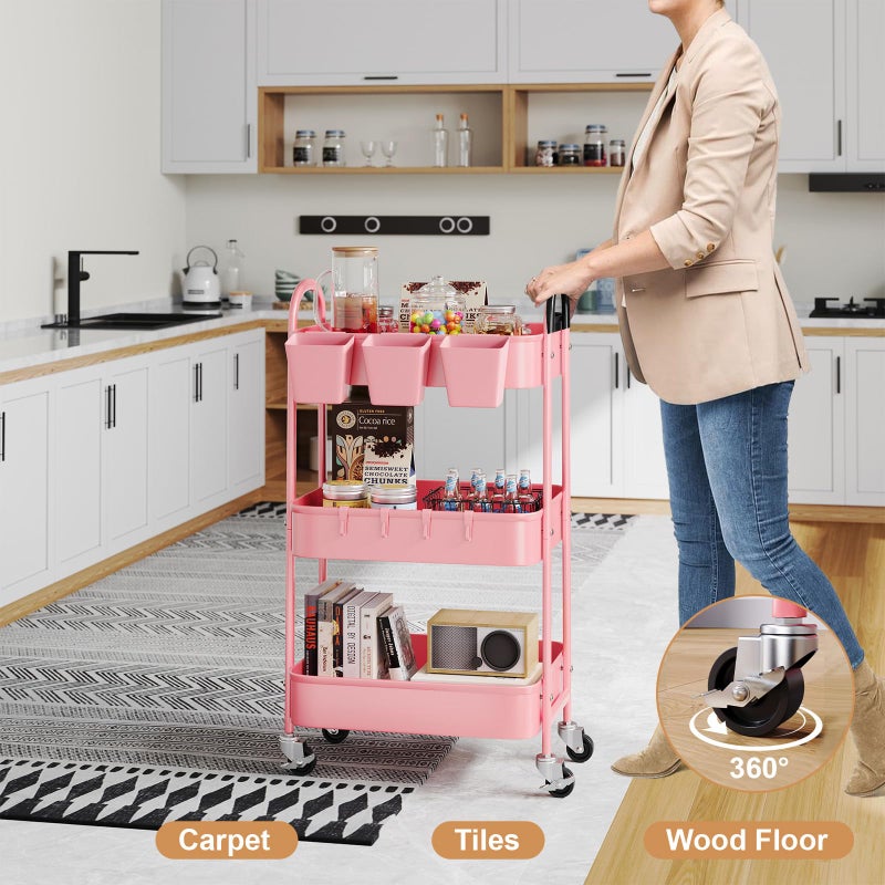 Recximi 3 Tier Metal Rolling Cart with Lockable Wheels and Handle, Three Tiered Pink Trolley Cart on Wheels, Utility Storage Organizer for Bathroom, Kitchen, Teachers, Art, Crafts, Baby Diaper, Snack, Nail - Image 3