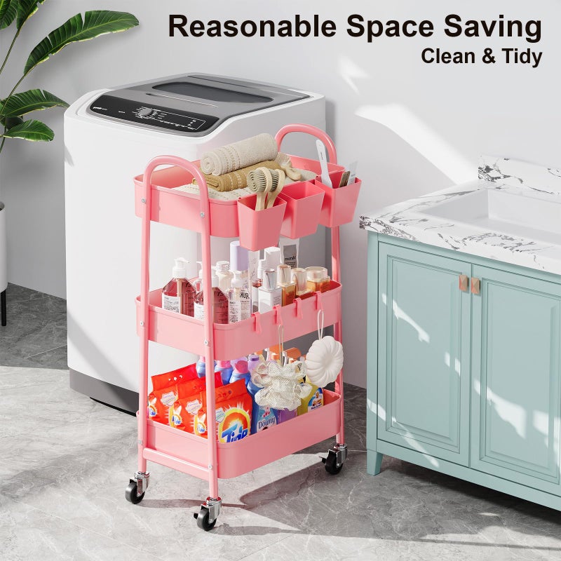 Recximi 3 Tier Metal Rolling Cart with Lockable Wheels and Handle, Three Tiered Pink Trolley Cart on Wheels, Utility Storage Organizer for Bathroom, Kitchen, Teachers, Art, Crafts, Baby Diaper, Snack, Nail - Image 4