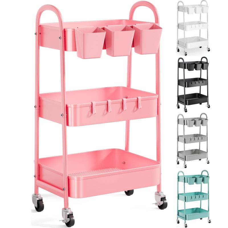 Recximi 3 Tier Metal Rolling Cart with Lockable Wheels and Handle, Three Tiered Pink Trolley Cart on Wheels, Utility Storage Organizer for Bathroom, Kitchen, Teachers, Art, Crafts, Baby Diaper, Snack, Nail - Image 1