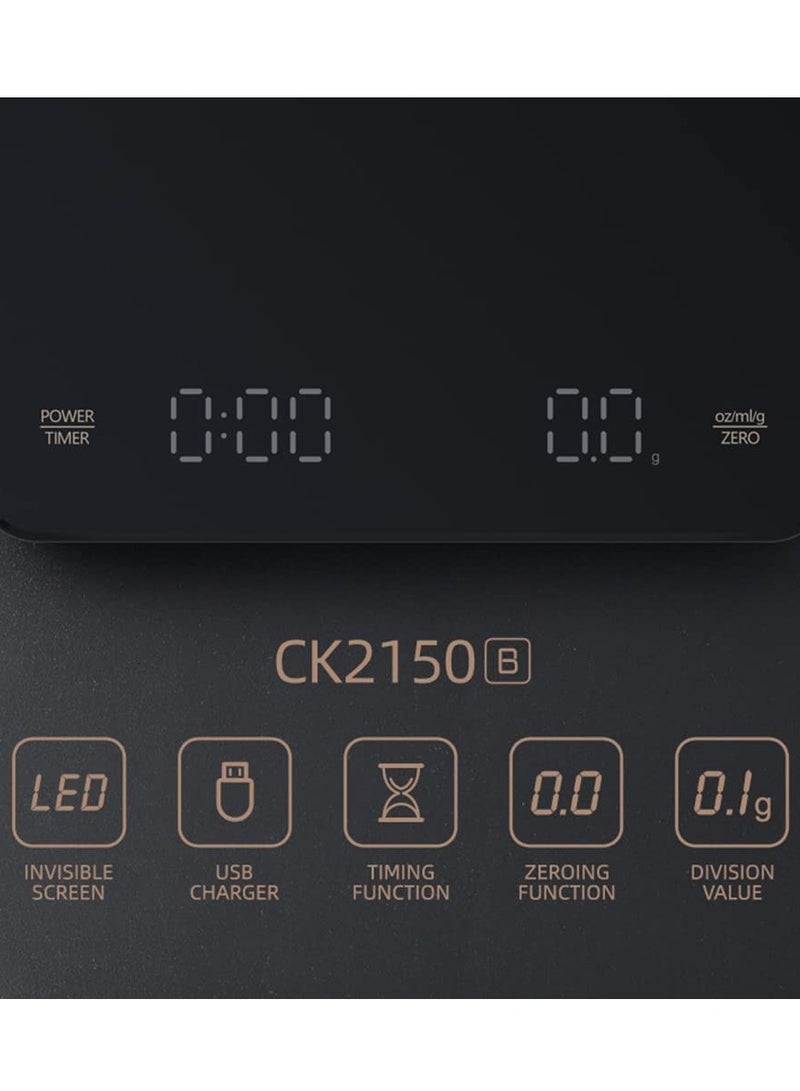 ح واحة ميزان قهوة مع مؤقت، ميزان إسبريسو رقمي عالي الدقة مع مؤقت وشاشة LED، يزن 0.1 جرام ويقيس بالأونصة/مل/جرام، ميزان مطبخ، للقهوة المقطرة والمسكوبة - Image 5