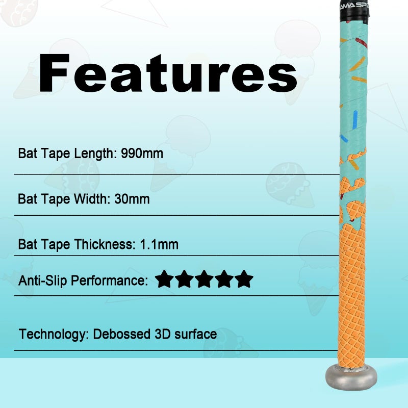 INSUM Bat Grip Tapes, 1.1mm Baseball & Softball Bat Wrap with Debossed 3D Surface, Ice Cream Baseball Drip, Non-Slip All-Weather Performance, Precut for Easy Install - Image 4
