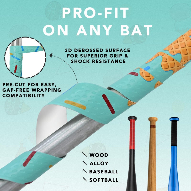 INSUM Bat Grip Tapes, 1.1mm Baseball & Softball Bat Wrap with Debossed 3D Surface, Ice Cream Baseball Drip, Non-Slip All-Weather Performance, Precut for Easy Install - Image 3
