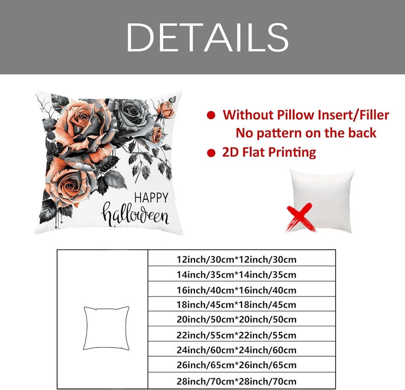 Halloween Throw Pillow Covers Set of 4, Black and Orange Floral Cushion Cases, Spooky Decorative Square Home Decor for Sofa Bed Couch 14x14 Inch - Image 3