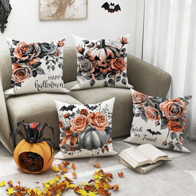 Halloween Throw Pillow Covers Set of 4, Black and Orange Floral Cushion Cases, Spooky Decorative Square Home Decor for Sofa Bed Couch 14x14 Inch - Image 4
