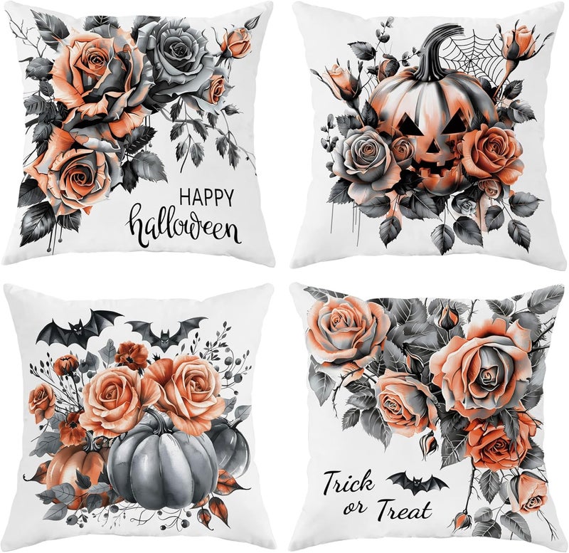 Halloween Throw Pillow Covers Set of 4, Black and Orange Floral Cushion Cases, Spooky Decorative Square Home Decor for Sofa Bed Couch 14x14 Inch - Image 1