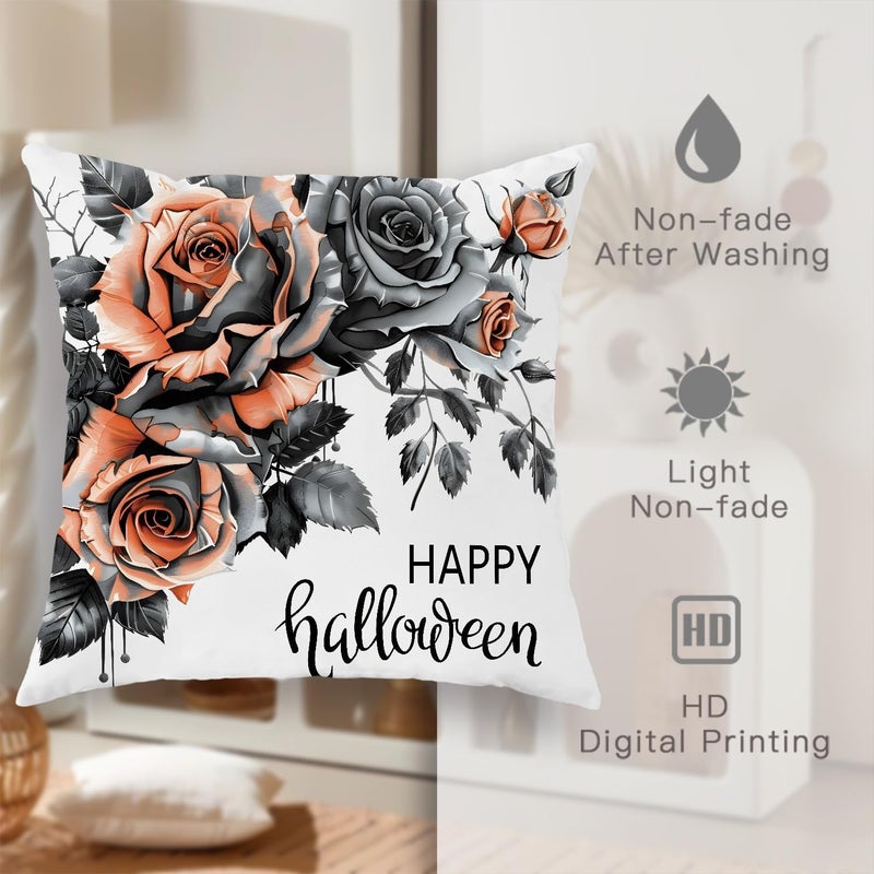 Halloween Throw Pillow Covers Set of 4, Black and Orange Floral Cushion Cases, Spooky Decorative Square Home Decor for Sofa Bed Couch 14x14 Inch - Image 5