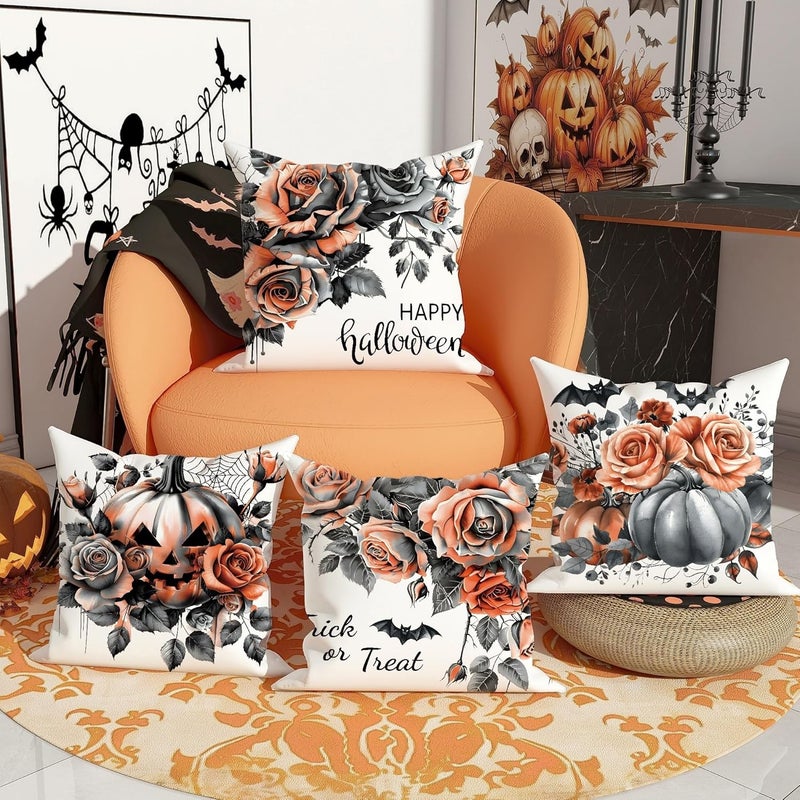 Halloween Throw Pillow Covers Set of 4, Black and Orange Floral Cushion Cases, Spooky Decorative Square Home Decor for Sofa Bed Couch 14x14 Inch - Image 2