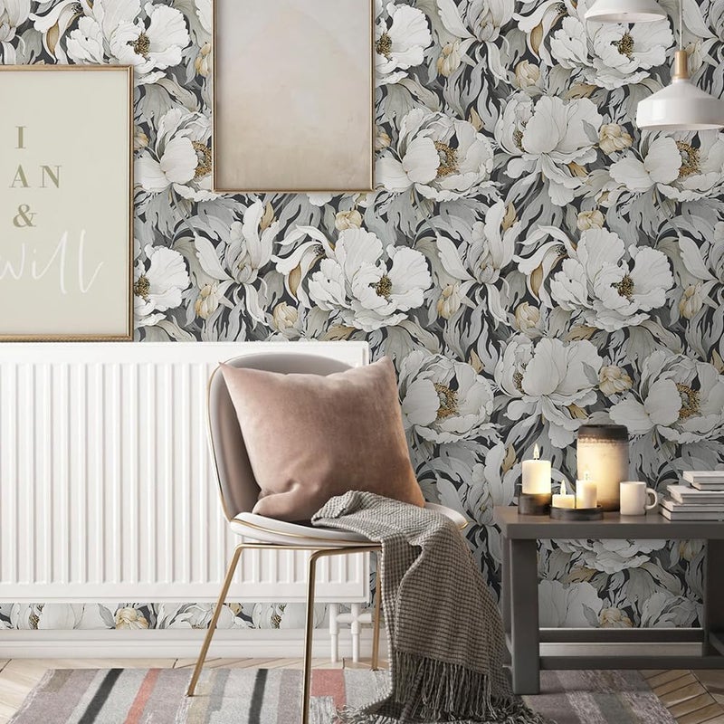 MuralPeel Dark Grey White Poppies Peony Floral Vintage Peel and Stick Wallpaper Self Adhesive Removable Easy Peel Off Stick on Wall Paper for Bedroom Cabinet Renter - Image 2